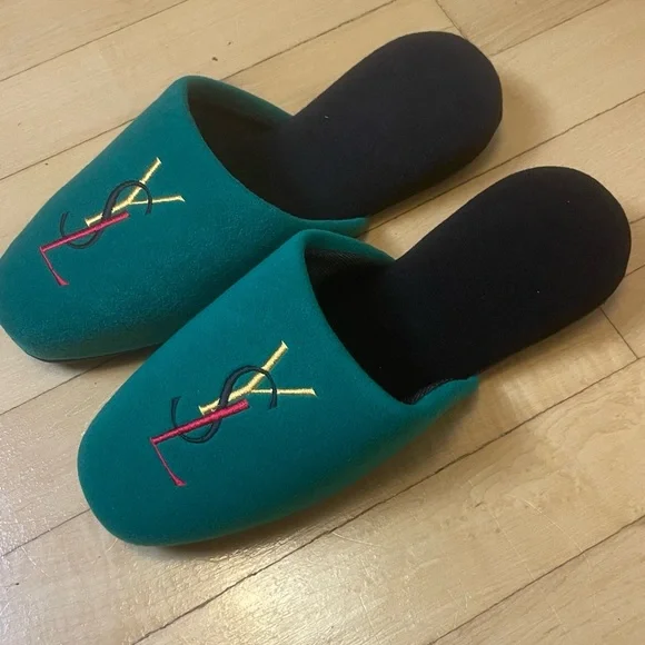 NEW Yves Saint Laurent Teal Logo Women's Slippers - Picture 2 of 4